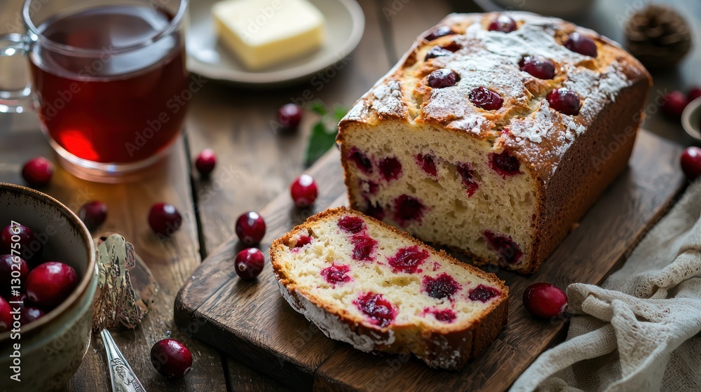 custom made wallpaper toronto digitalA loaf of cranberry bread sliced on a cutting board with butter and tea served nearby.