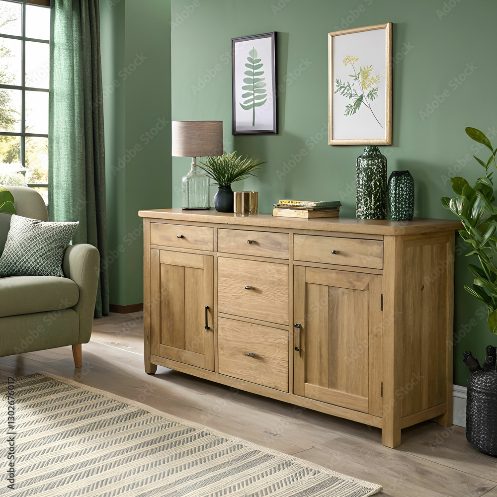 Fototapeta premium wood sideboard in green living room