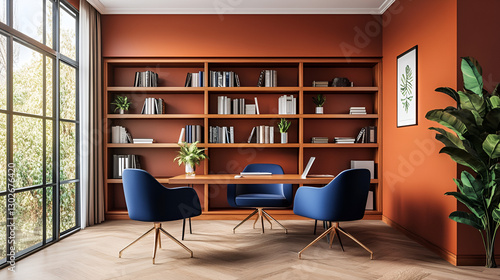 High-End Office Sitting Area with Bookshelf and Plants,Business Lounge Interior with Sleek and Stylish Design