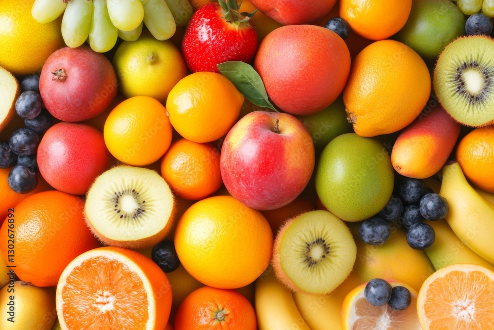 Vibrant assortment of fresh fruits arranged on a table during daylight in a bright kitchen setting Vibrant assortment of fresh fruits arranged on a table during daylight in a bright kitchen setting