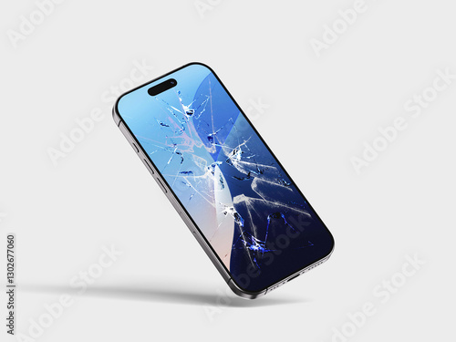 Broken Screen - Smashed Screen Mobile Phone Isolated on White Background