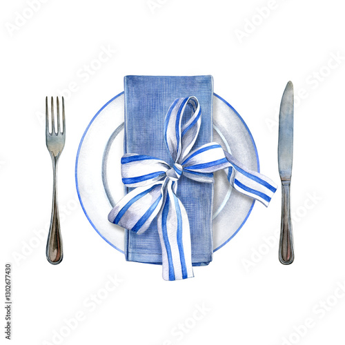 Table setting. Watercolor illustration of white plate, napkin, ribbon with strikes tied in a bow and cutlery. Good for postcards, recipes, menu, invitations, greeting cards
