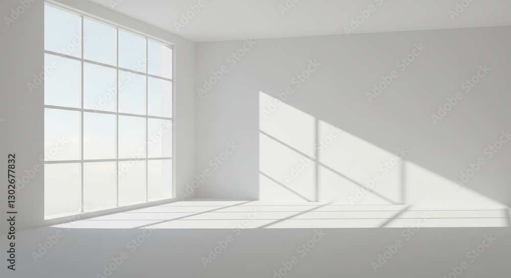 Fototapeta premium Minimalist white room interior with grid window casting geometric shadows