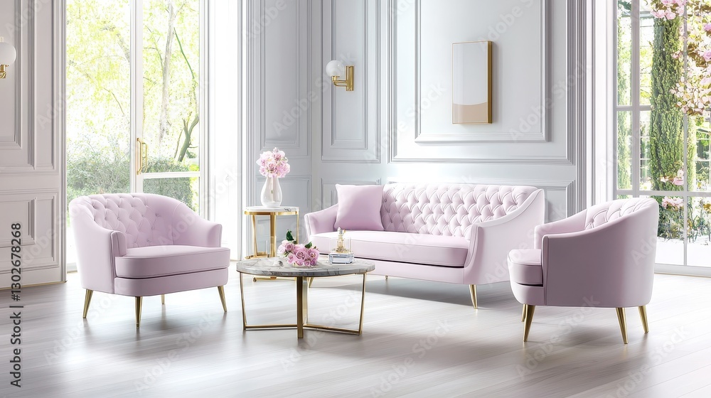 Fototapeta premium A chic and feminine living room with blush pink accents, elegant furniture, gold details, and soft velvet textures, creating a sophisticated aesthetic