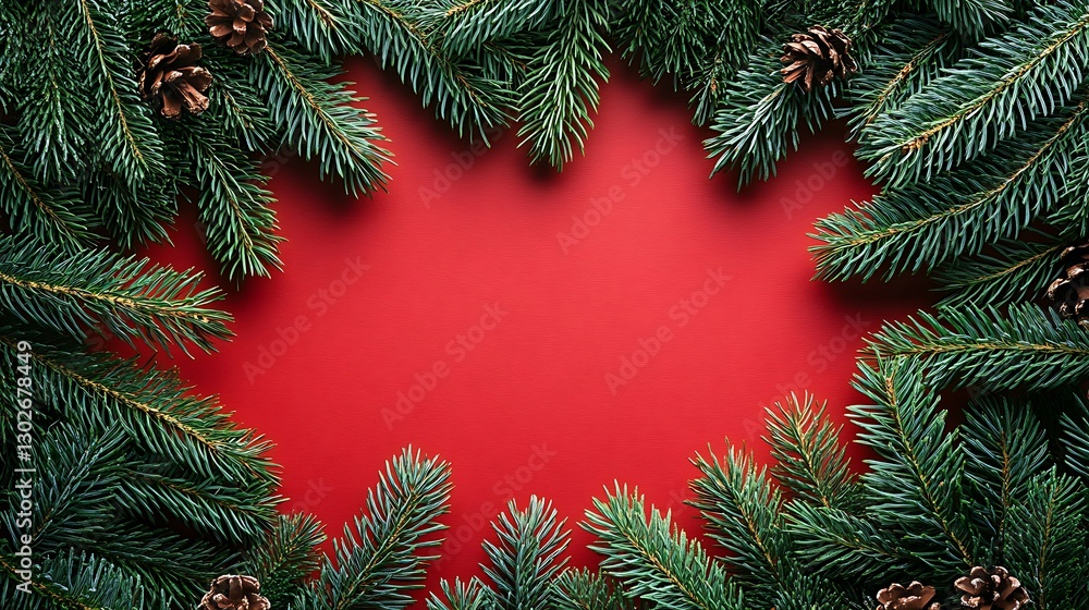 Christmas frame made of green fir branches on a red background with copy space, top view. New Year decoration. Flat lay, wide-angle lens. Christmas frame made of green fir branches on a red background with copy space, top view. New Year decoration. Flat lay, wide-angle lens.