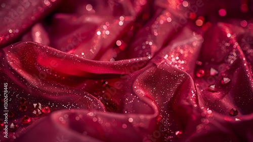 Red fabric with a shimmery texture and a few red gemstones scattered on top.