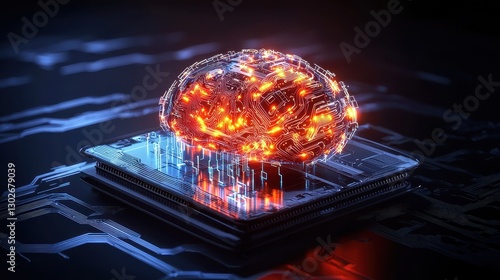A concept of cybersecurity AI, a glowing brain made of circuits and data, protecting digital assets.