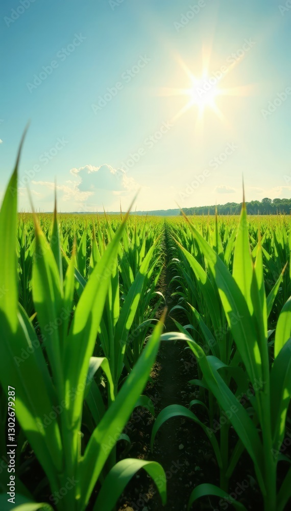 Obraz premium Sun-drenched cornfield, lush green rows stretching to horizon , nature, outdoors, farming