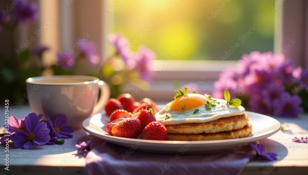 Sunlight illuminating a breakfast spread amongst violet blooms , golden, color Sunlight illuminating a breakfast spread amongst violet blooms , golden, color