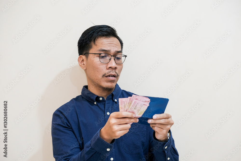 A Southeast Asian man confused looking with his savings book on hand and the other hand holding money rupiah, in isolated cream background, bank and finance concept A Southeast Asian man confused looking with his savings book on hand and the other hand holding money rupiah, in isolated cream background, bank and finance concept