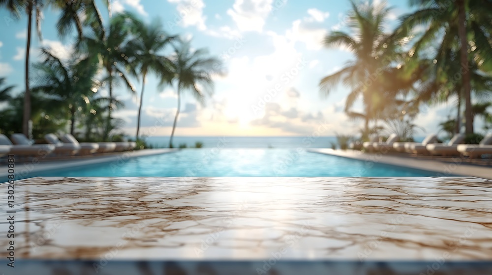Close-up of a marble table top with a blurred background of a luxury hotel swimming pool and sunbeds, a panoramic banner for a product presentation template. Close-up of a marble table top with a blurred background of a luxury hotel swimming pool and sunbeds, a panoramic banner for a product presentation template.