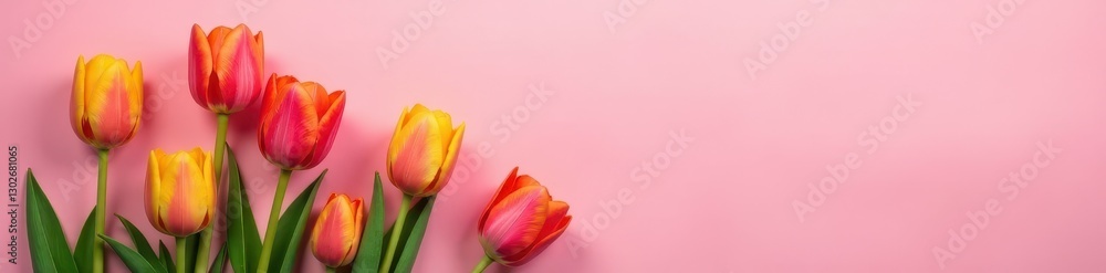 Vibrant tulips against a soft pink backdrop with geometric shapes , elegant, illustration Vibrant tulips against a soft pink backdrop with geometric shapes , elegant, illustration