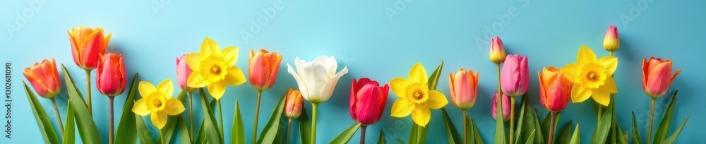 Vibrant tulips & daffodils bloom against a serene blue backdrop, vibrant, floral Vibrant tulips & daffodils bloom against a serene blue backdrop, vibrant, floral