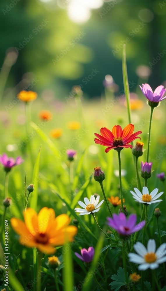 Fototapeta premium Vibrant wildflowers in lush meadow, sunlight dappled , beautiful, floral background