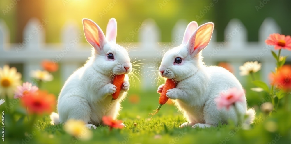 Fototapeta premium White bunnies enjoying carrots amidst blooming flowers and a white picket fence on a bright day , stock, outdoor, cute