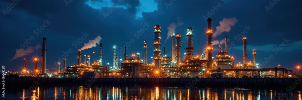 Obraz premium Refinery at night, welder's arc illuminates machinery, sparks, night shift, industry