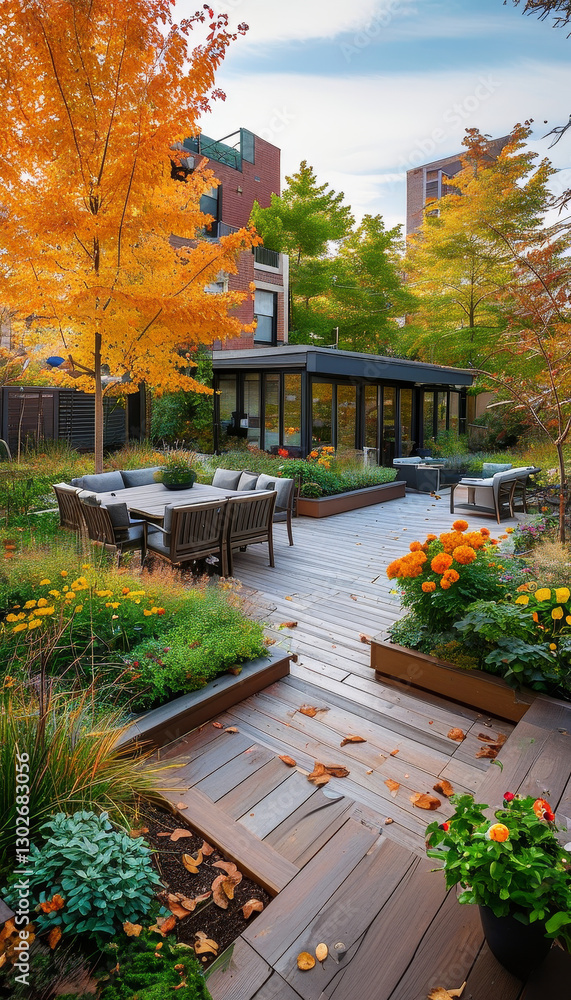 Obraz premium autmun, urban neighbourhood landscaping, Modern Urban House, wide shots of home gardens, lawns, yards, decks and spaces for outdoor entertaining, garden design, modern architecture concept