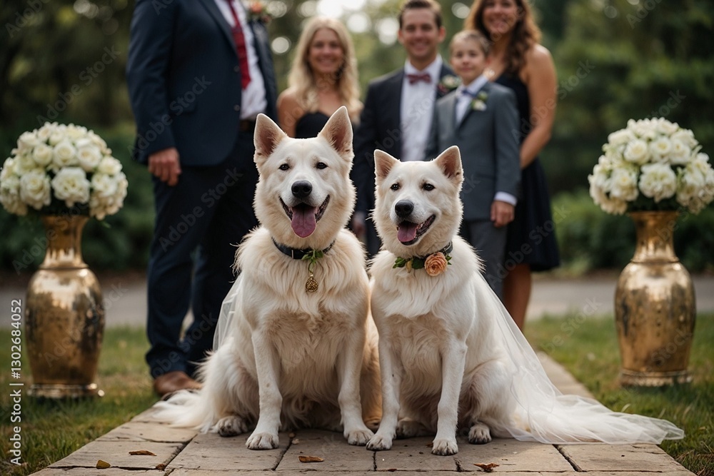 Obraz premium Dogs dressed for a wedding ceremony with floral collars standing in front of smiling guests