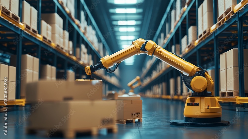 Yellow robotic arm handling boxes in a storage facility Yellow robotic arm handling boxes in a storage facility