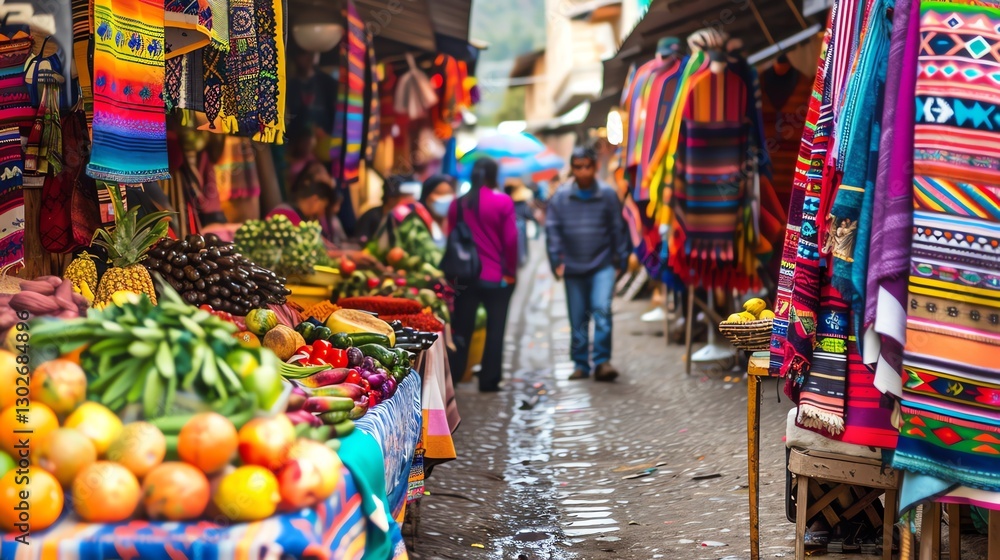 Obraz premium Colorful textiles and fresh fruit on display at a busy market in South America.
