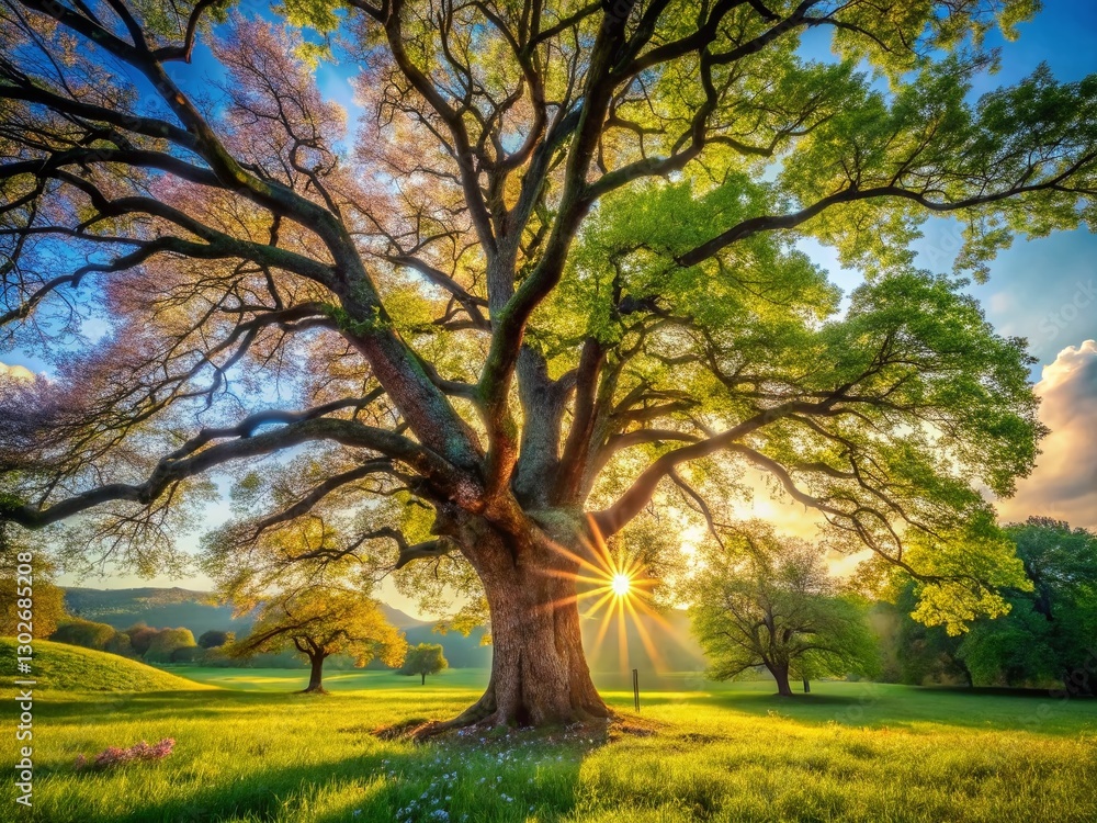 Fototapeta premium Majestic Old Tree in Spring Park - Serene Landscape Photography