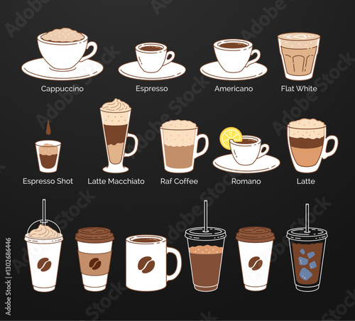 Vector minimalistic color line art illustration collection of coffee cups on blackboard background