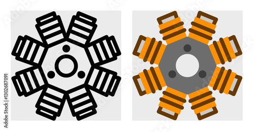 A stator icon with a radial coil design. This technical illustration is great for mechanical guides, electrical system diagrams, and automotive component catalogs.
