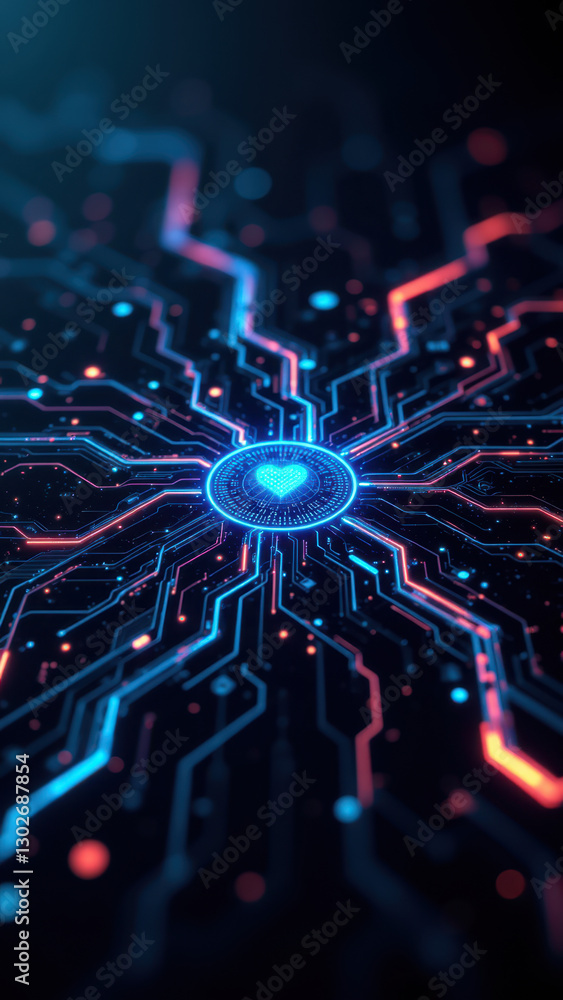 Fototapeta premium Digital technology concept with neon circuitry on a brain-like structure symbolizing artificial intelligence, data flow, and computational power.