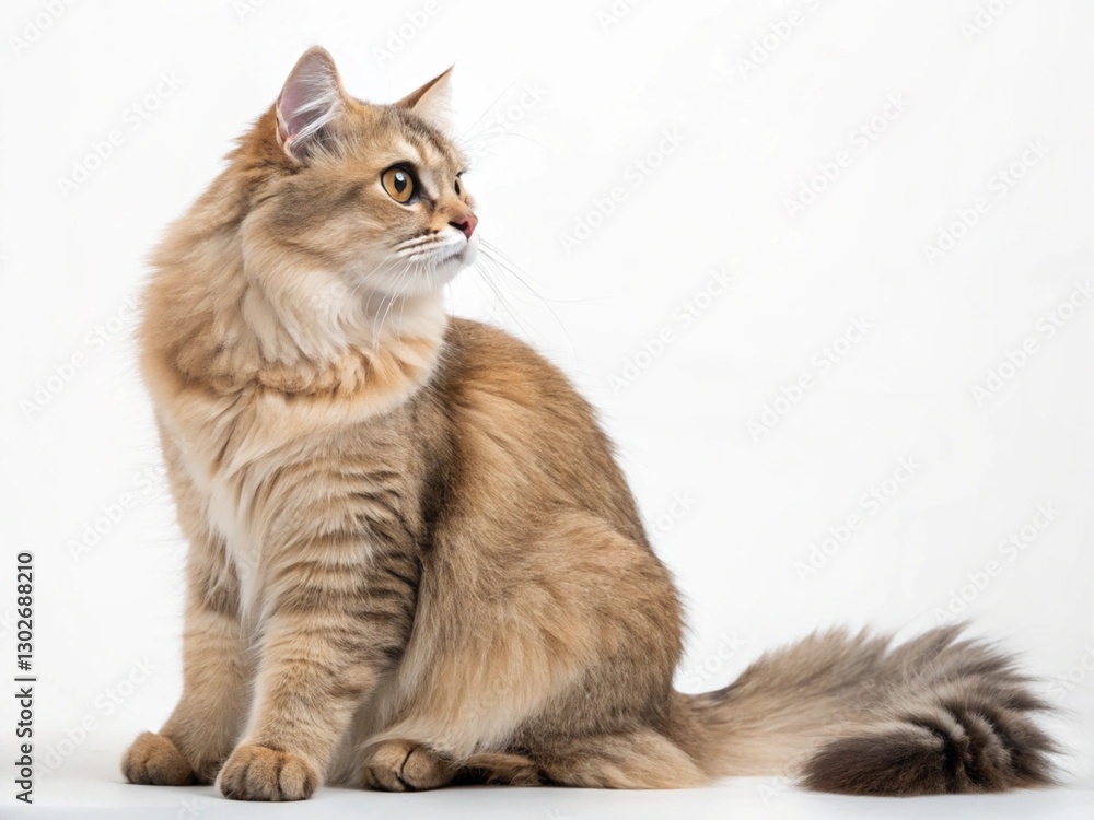 A fluffy Siberian cat with light brown fur and amber eyes sits against a white background, looking off to the side A fluffy Siberian cat with light brown fur and amber eyes sits against a white background, looking off to the side