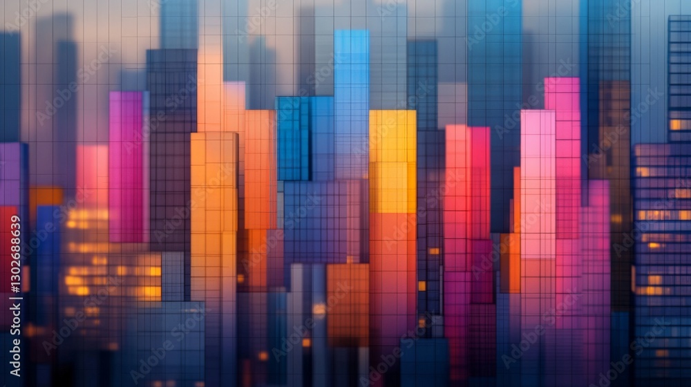 Colorful futuristic skyline with pixelated high rise buildings forming an abstract digital cityscape with glowing urban neon aesthetics Colorful futuristic skyline with pixelated high rise buildings forming an abstract digital cityscape with glowing urban neon aesthetics