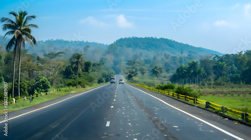 A wide highway in the state of Kerala, India, newly restored and surrounded by lush greenery under a clear blue sky.