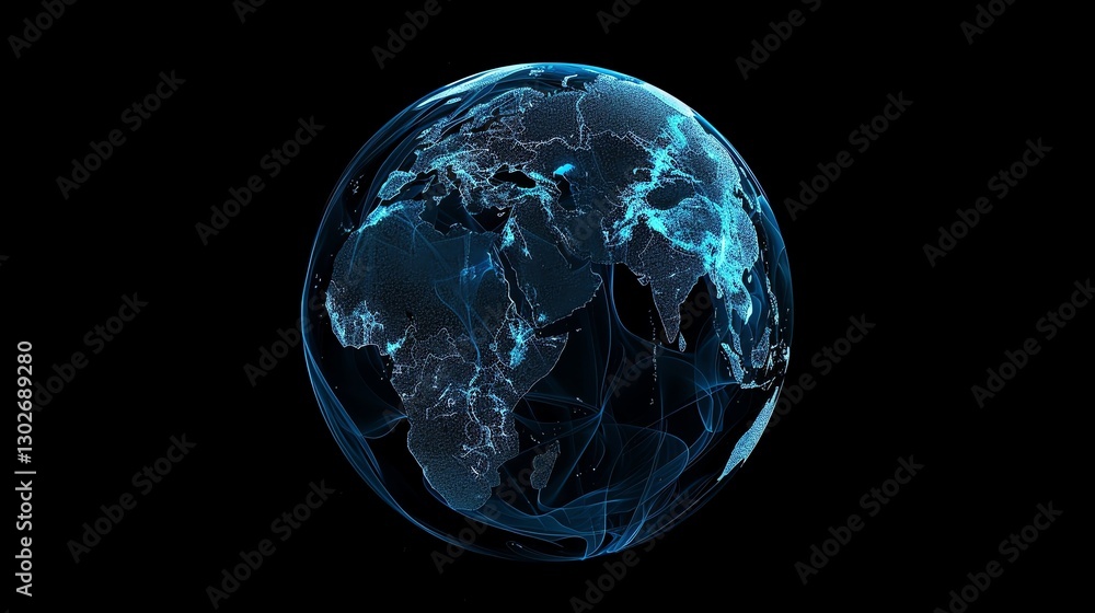 Fototapeta premium A digital rendering of Earth with blue light trails around the continents.