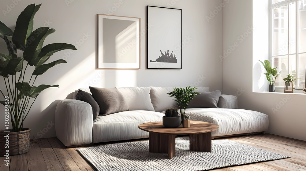 Naklejka premium Modern Scandinavian home interior design characterized by an elegant living room featuring a comfortable sofa, mid century furniture, cozy carpet, wooden floor, white walls, and home plants.
