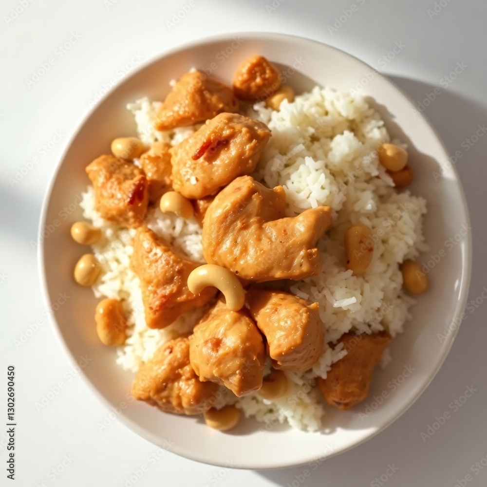 Overhead shot of chicken and roasted peanuts on white rice, balanced meal Overhead shot of chicken and roasted peanuts on white rice, balanced meal
