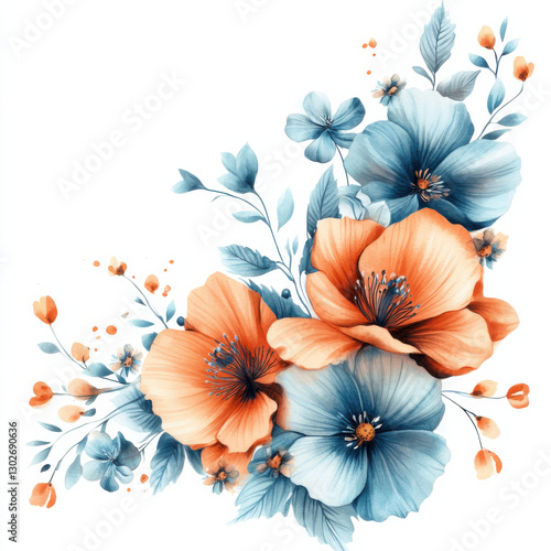 Wallpaper Mural a beautiful elegant corner bqouet of flowers, in apricot and sky blue colors, soft watercolors, clipart on white background  Torontodigital.ca