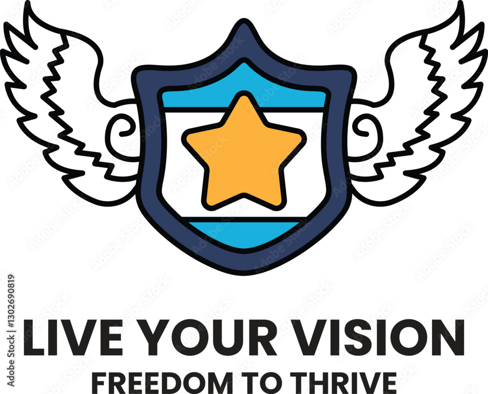 shield with a star on it and wings The shield says Live Your Vision and Freedom to Thrive
