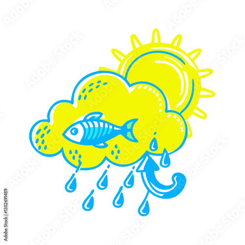Fishing weather icon with sun and cloud, fun theme concept