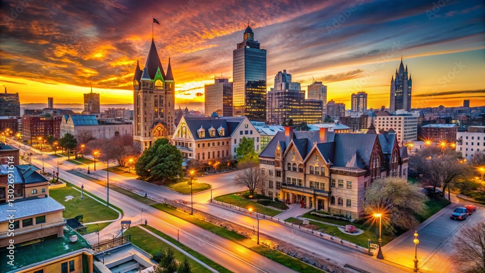 Fototapeta premium Milwaukee Dusk Skyline: Golden Hour Cityscape, Urban Photography