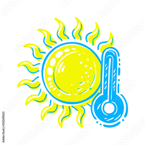 Sunny heatwave icon with thermometer, summer weather concept