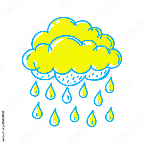 Yellow rain cloud icon with droplets, weather concept
