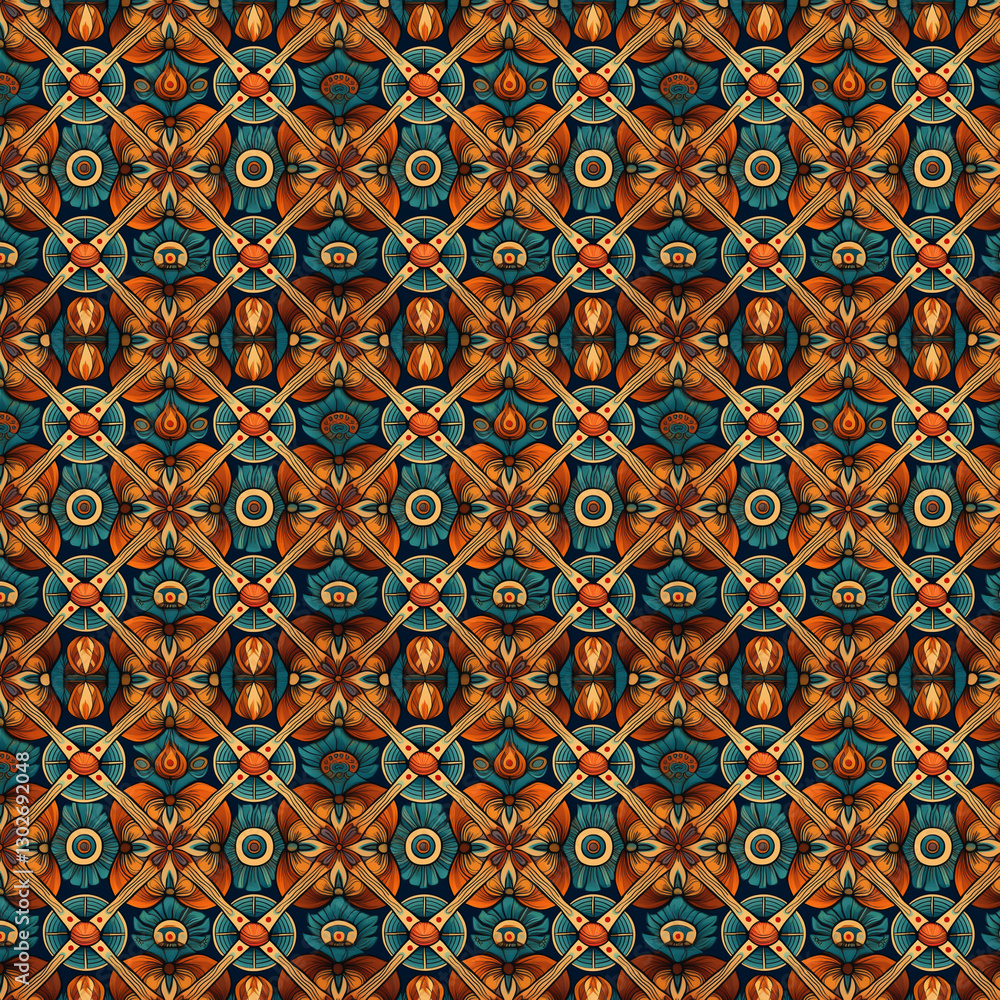 Intricate and vibrant seamless pattern featuring various geometric and floral motifs. Intricate and vibrant seamless pattern featuring various geometric and floral motifs.