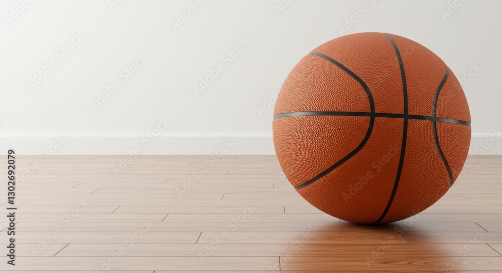 Studio shot of an orange basketball ball on a hardwood floor near a white wall Studio shot of an orange basketball ball on a hardwood floor near a white wall