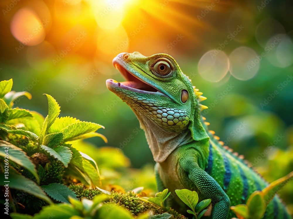 Fototapeta premium Miniature Forest Lizard Golden Hour - Tiny Reptile on Green Leaves
