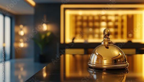 Gold Service Bell on Marble Reception Desk in Modern Hotel Lobby