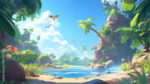 Cartoon 3d tropical jungle landscape or jungle beach game concept art