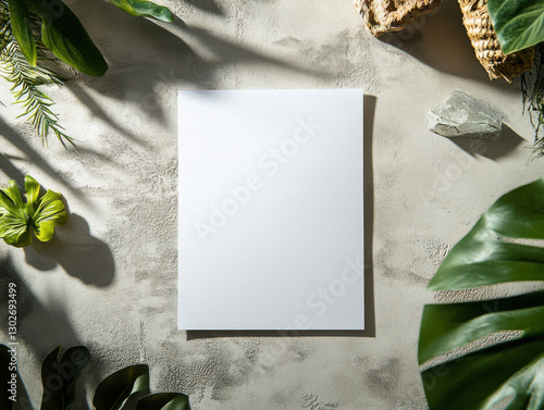 A blank white inviatation mockup on the table, flat lay, shadows, surrounded by jungle decorations, minimalist style, birthday party vibes, soft lighting, professional photography,