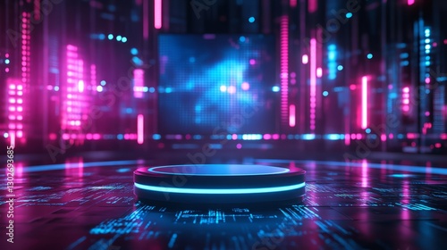 Wallpaper Mural Empty podium in a high-tech cyber arena, with holographic projections, neon lights, and digital grids surrounding it  Torontodigital.ca