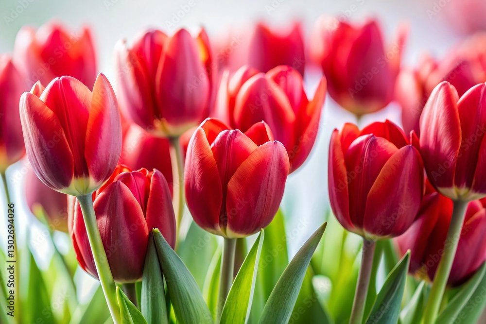 Fototapeta premium Miniature Red Tulips on White - Tilt-Shift Photography Stock Photo