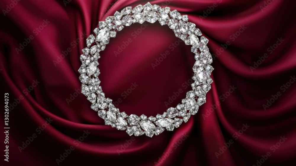 A glamorous diamond band arranged in a circular pattern on a rich burgundy background. A glamorous diamond band arranged in a circular pattern on a rich burgundy background.