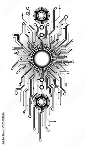 An abstract black and white image in the style of a circuit board. Geometric lines, dots and nodes create a techno-art design reminiscent of a tattoo style with cyberpunk elements.